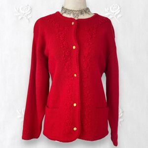 Chunky Vintage Bright Red Flower Floral Embroidered Knit Button Up Cardigan M